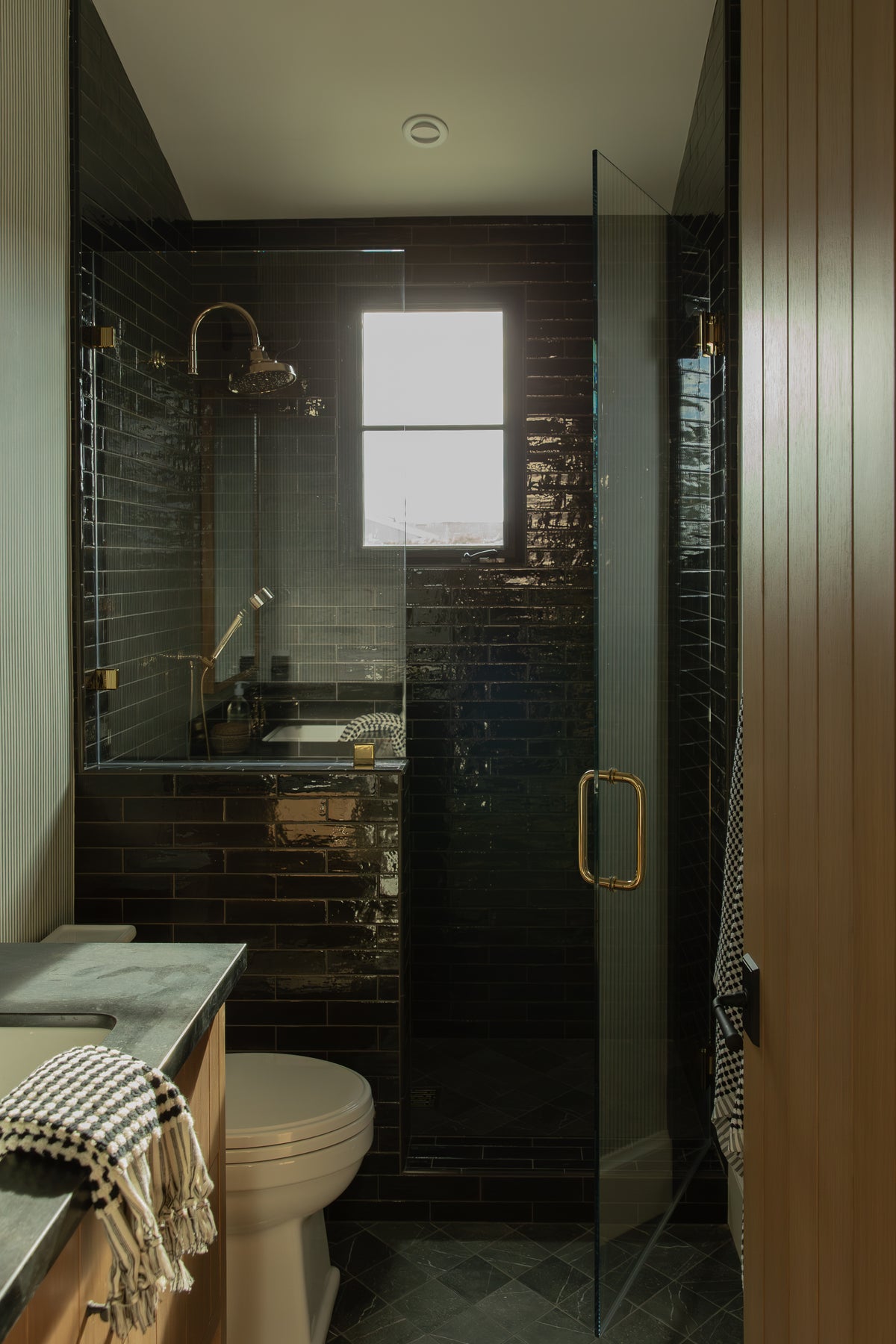 A striking transitional bathroom design featuring high-gloss black subway tile in a glass-enclosed shower, paired with brass shower fixtures and a dark stone vanity.