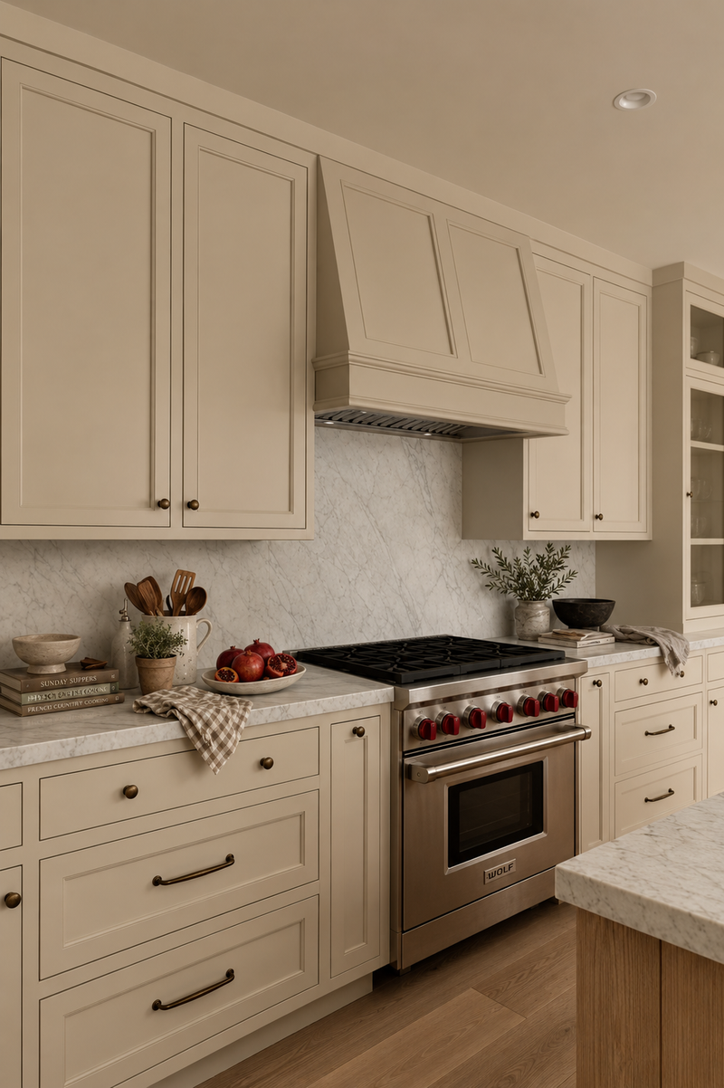 A professional stainless steel Wolf range set against a solid marble slab backsplash and framed by a custom painted range hood with light wood trim details.